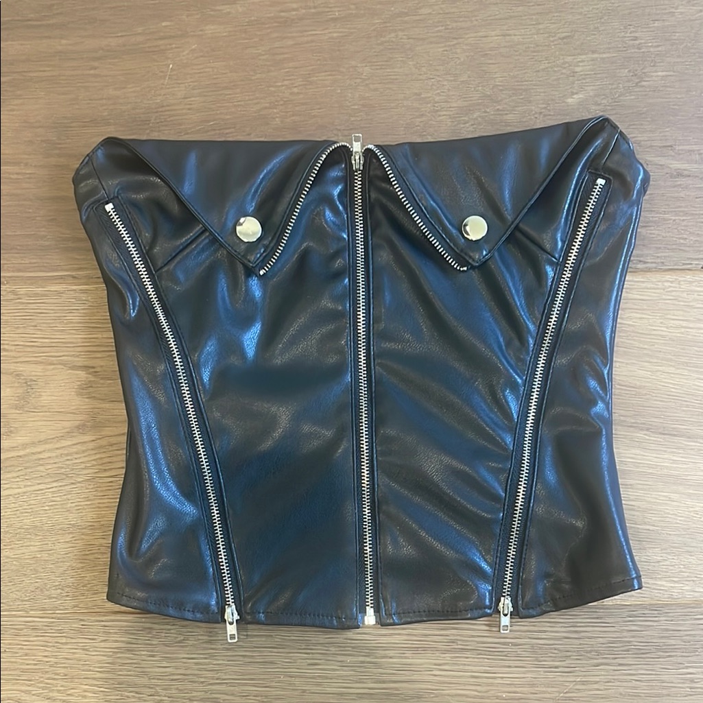 Edikted Black Faux Leather Zippered Top